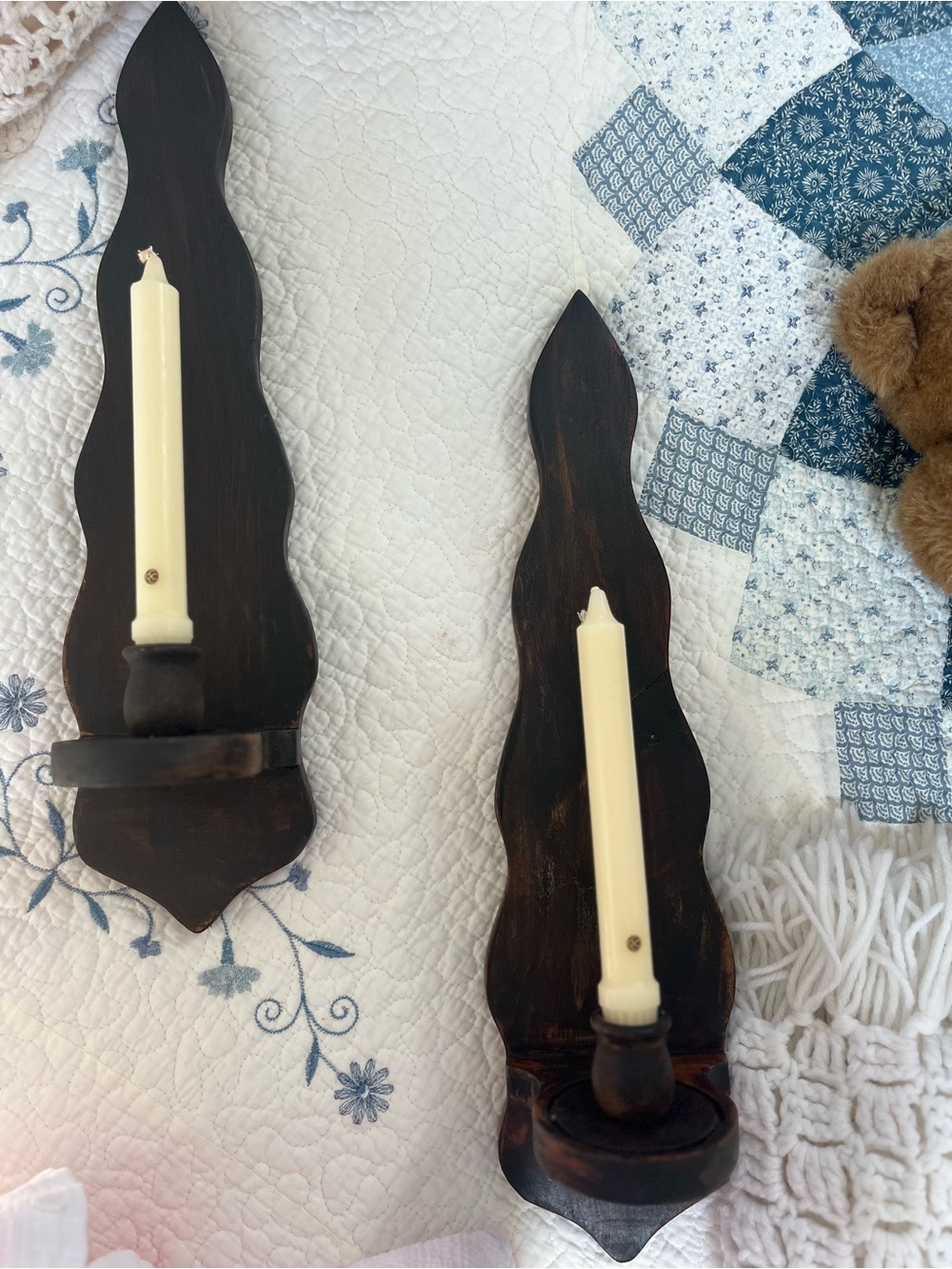 Rustic Dark Brown Wood Wall Candle Sconces with Cream Candles 20” long